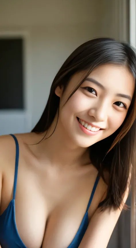 masterpiece,best quality,(Japanese ),((Beautiful girl)),cleavage,indoor,(perfect body beauty:1.2),(shy smile),beautiful teeth,