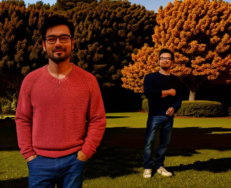 a man，wearing a sweater、wearing glasses、standing on the grass，sunny，black hair, light smile, Surrealism, drop shadow, anaglyph, stereogram, tachi-e, pov, atmospheric perspective, 8k, super detail, ccurate, best quality