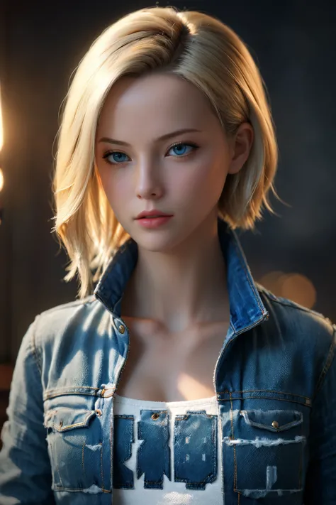 (number art,Realistic,Lifelike)，Beautiful Android18DB portrait, alone, denim, Volumetric lighting, Tone mapping, sharp focus,chiaroscuro,Ray tracing