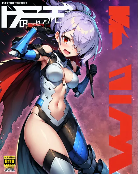 ,1girl,(teen:1.5), (short_ponytail:1.3), (light_whitish_purple_hair:1.3),black_mechanical_armor_parts,white_breasts_parts_red_black_body_suit,bare_shoulder,bare_slender_thighs,medium_breasts,city_background,Stinging_eyes,sleepy,thighhigh_greaves,gauntlets,...