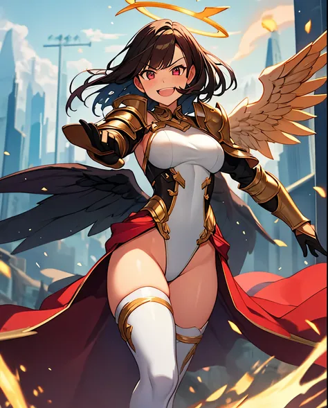 fantasy, 1angel_girl,, ,brown_hair, medium_bob_hair, long_bangs, halo,bare_shoulder,thighhighs,silver_armor, waist_armor, large_breasts,angry,grinning,open_mouth_teeth, 1pair_wings, dynamic_pose_fighting,floating, bare_crotch, headgear,gauntlet, greaves,ci...