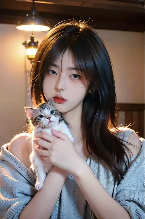 (8k, RAW photo:1.2)detailed face and eyes,最high quality, 超A high resolution, very detailed ,intricate details、bedroom、Holding a kitten、pretty girl , soft movie-like light, hyper detail,sharp focus, high quality, dripping from