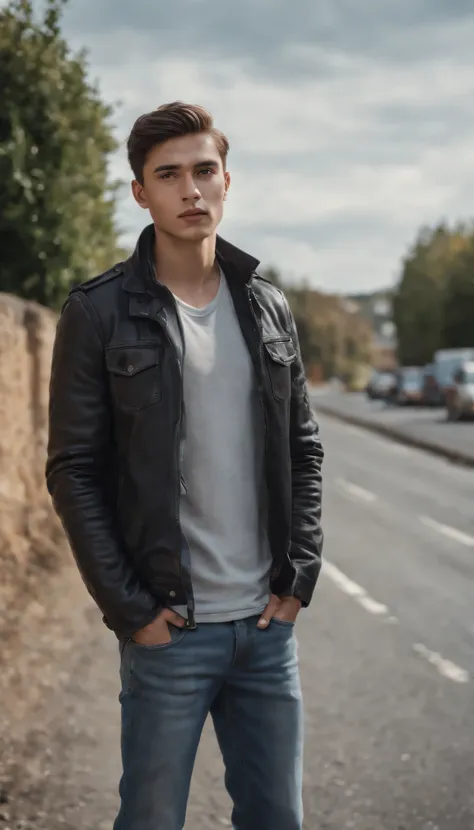 hyper-realistic, super detailed, photography, a man aged 21,  wearing a jacket, jeans, black shoes, full body, standing with his hands in his trouser pockets, roadside background