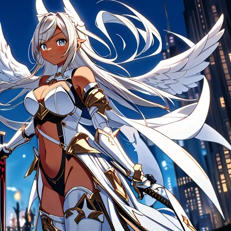 fantasy, 1angel_girl, low_teen, brown_hair, medium_bob_hair,long_bangs, (dark_skin)+, bare_shoulder, navel out, thighhighs,silver_shiny_armor, white_clothes,waist_armor, Glebe, hold_shiny_swords, medium_breasts, Angry, dynamic_pose_fighting,Floating, (1pai...