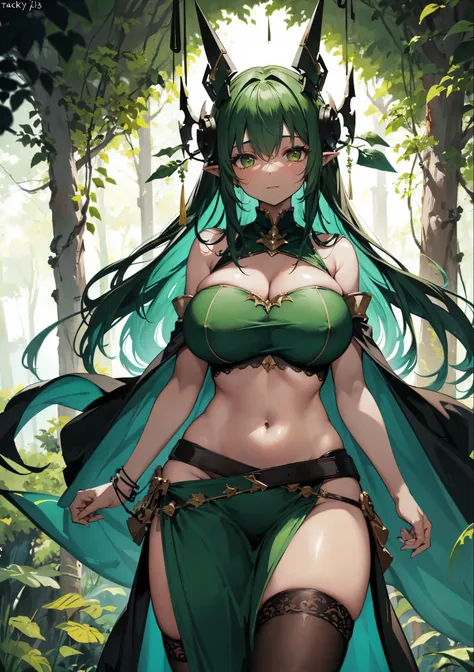 fantasy, 1forest_elemental_girl,(dark_skin:1.1), (using_leaves_clothes:1.1), green_leaves_covered_breasts, leaves_covered_pussy,covered_nipples,(gigantic_heavy_tits:1.1), walking, smile, sleepy, medium_hair, navel oil, (winding_vine_around_torso:1.1), fore...