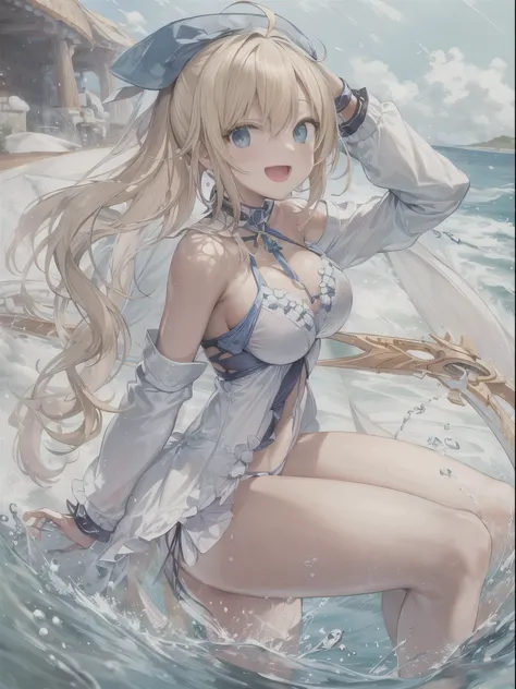 masterpiece,(ultra-detailed),1girl, mysterious heroine xx (fate), smile,open mouth, swimsuit, white bikini, side-tie bikini bottom, shrug (clothing), jacket,  thigh strap, wristband,  large_breasts, ocean, splashing,blonde_ponytail,open_legs,