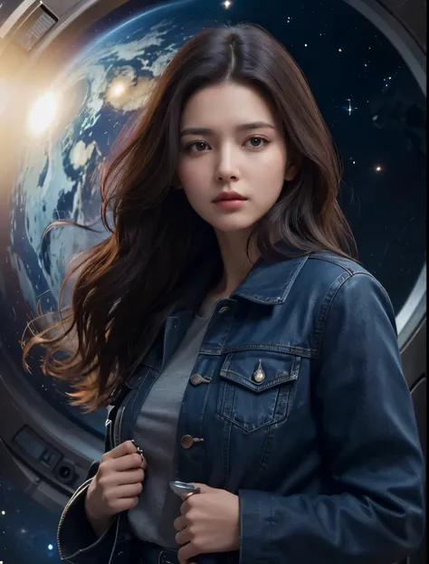 A beautiful woman. Dark brown hair. She is looking at the camera with a serious expression. She is wearing blue jeans and a jacket. An image of a clock and outer space in the space behind the woman.