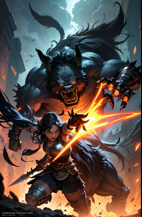 Fantasy digital art of a fierce warrior girl engaging in a dynamic battle against a colossal boar, set in a sprawling fantasy plain with vivid flora and ancient ruins subtly emerging from the mist. The composition highlights the clash of power and agility,...