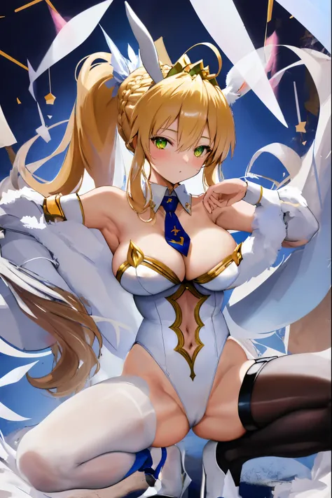 masterpiece, best quality, absurdres, looking at viewer, (light_smile:0.6),
1girl, ahoge, rabbit ears, playboy bunny, artoria pendragon (swimsuit ruler) (fate), large breasts , blonde hair, green eyes, french braid,  pony tail
bare shoulders, large breasts...