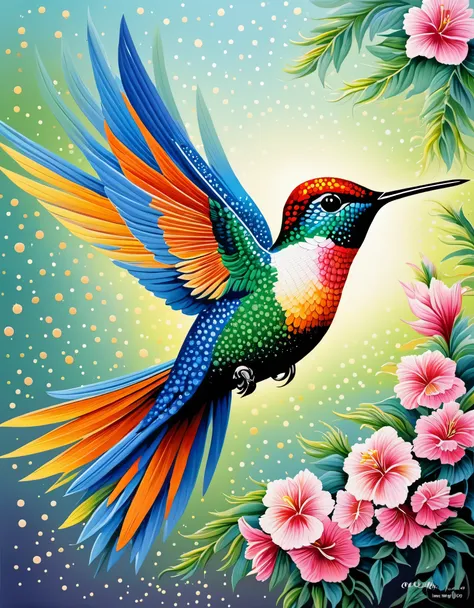 hummingbird，the art of dot painting，dot art