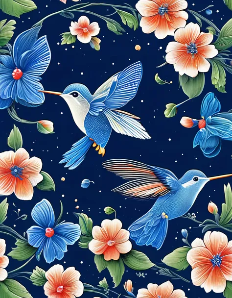 hummingbird，the art of dot painting，dot art，blue flower