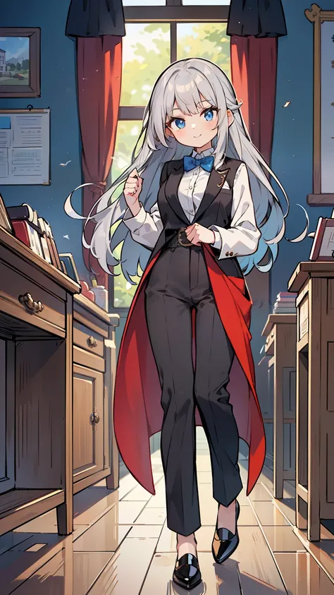 (long silver hair girl),((teach a class)),(Pants style with tuxedo),blue eyes,open your mouth, dull smile, Full body Esbian,(((a bit))),(alone),(best image quality, In 8K, masterpiece, Super detailed),