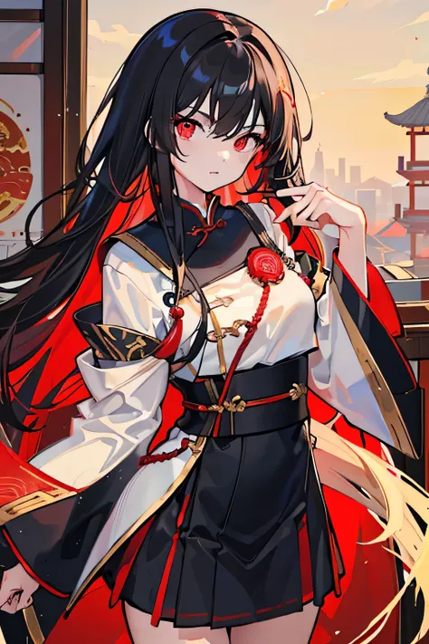 (best quality,4k,high resolution),17 year old girl, intense gaze, keen and fearless, black hair and red eyes, Traditional Chinese school uniform, eyes sparkling, full of confidence and dignity, Beautiful painting style, beautiful aesthetic.