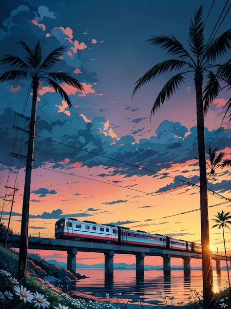 (masterpiece:1), (full anime view:1.5), (train trundles along the coastal tracks:1.6), (lush palm trees sway in harmony:1.3), si...