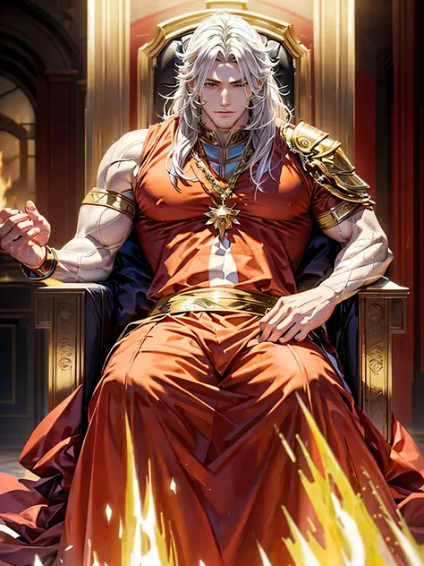 male Fire lord, bulky and muscular, in a throne room, fire aura, view of the full body, white hair, hero hair, realistic hair, realistic anime art, perfect human anatomy, best quality, (masterpiece)