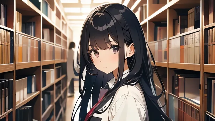 18 year old female、hair is black、long hair、eyes are big、uniform、Being in the library、Are standing