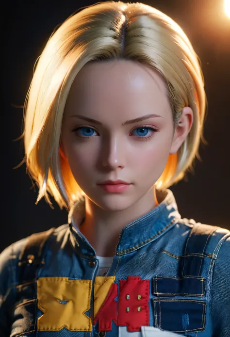 Beautiful Android18DB portrait, alone, denim, Volumetric lighting, Tone mapping, sharp focus,chiaroscuro,Ray tracing