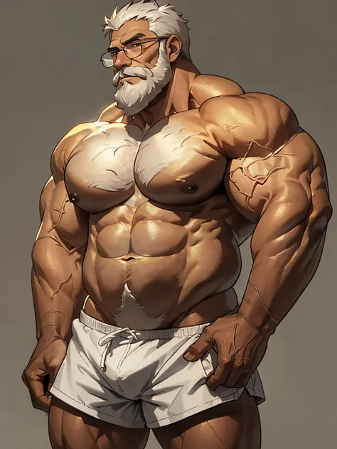 solo, 1boy, Huge Muscular Old man wearing glasses ((nude, topless, shirtless)), side view , pectoral, huge pectoral, wide pectoral, short white hair, short pants and shirtless, bearded, mustache, simple background, masterpiece, high detailed, 8k, high reso...