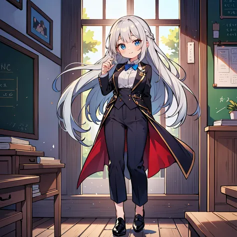 (long silver hair girl),((teach a class)),(Pants style with tuxedo),blue eyes,open your mouth, dull smile, Full body Esbian,(((a bit))),(alone),(best image quality, In 8K, masterpiece, Super detailed),