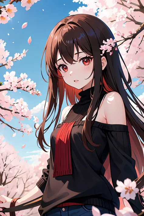 1 female、whole body、bottom angle、brown hair、long hair、well-groomed face、dense lips、red eyes、Blue knitwear、valley、slim、black shorts、cherry blossoms、cherry blossoms吹雪、petal、countryside street、old buildingasterpiece、ultra high resolution、delicate、perfect ligh...