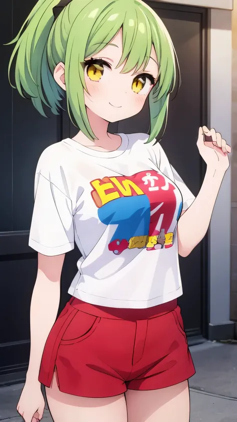 Girl, ponytail short hair, green hair, yellow eyes, cute girl, t-shirt, hotpants, hot girl, smile 