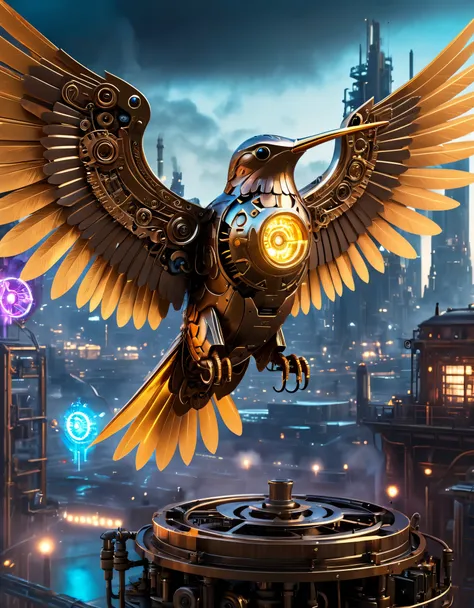 (best quality,4k,highres,masterpiece:1.2),ultra-detailed,realistic:(1.37),mechanical hummingbird,steampunk,cyberpunk,futuristic,fantasy,precision-crafted,miniature sculpture,hyper-realistic motion,metallic textures,ornate design,gears and cogs,technologica...