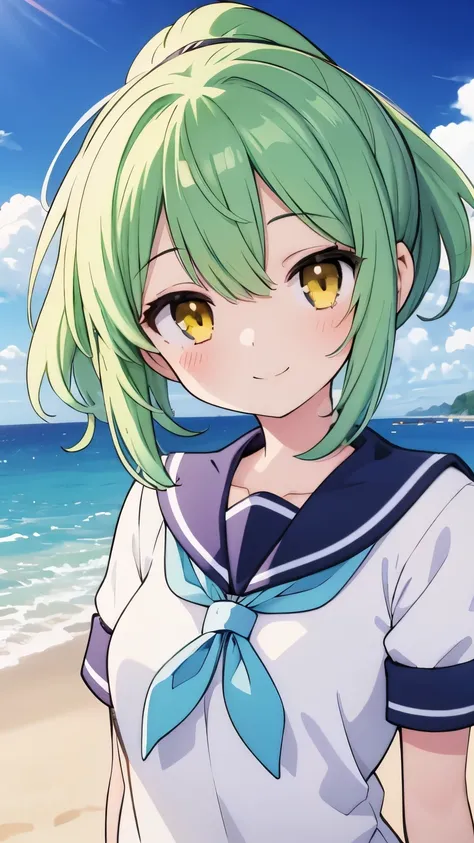 Girl, ponytail short hair, green hair, yellow eyes, cute girl, sailor uniform, hot girl, smile