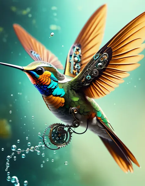 The precision-crafted mechanical hummingbird is flapping at the small fish，future，fantasy，Steam cyberpunk，丛林future宇宙