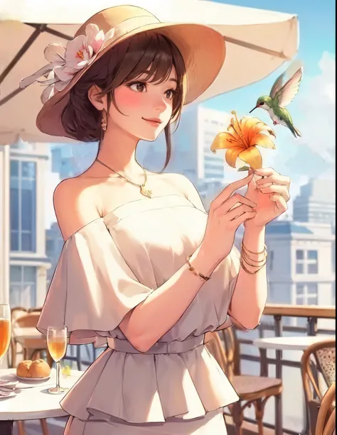 1lady solo, standing at terrace seat, (gazing at hummingbird:1.2), (peplum) stylish outfit, mature female, /(brown hair/) bangs, blush kind smile, (masterpiece best quality:1.2) (delicate illustration:1.1) ultra-detailed, large breasts BREAK ((hummingbird ...