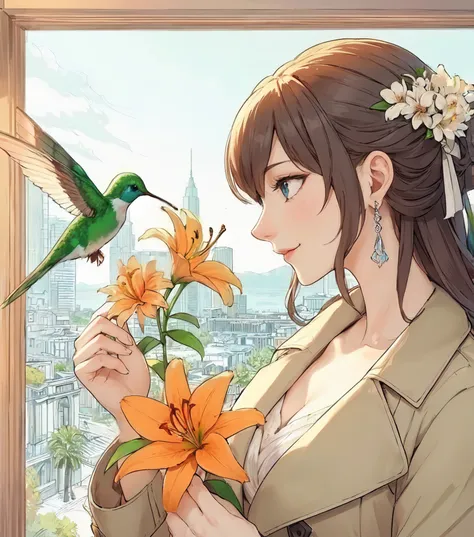 1lady solo, profile, from side, (gazing at hummingbird:1.2), stylish outfit, mature female, /(dark brown hair/) bangs, kind smile, (masterpiece best quality:1.2) (delicate illustration:1.1) ultra-detailed, large breasts BREAK ((hummingbird flying:1.2) near...