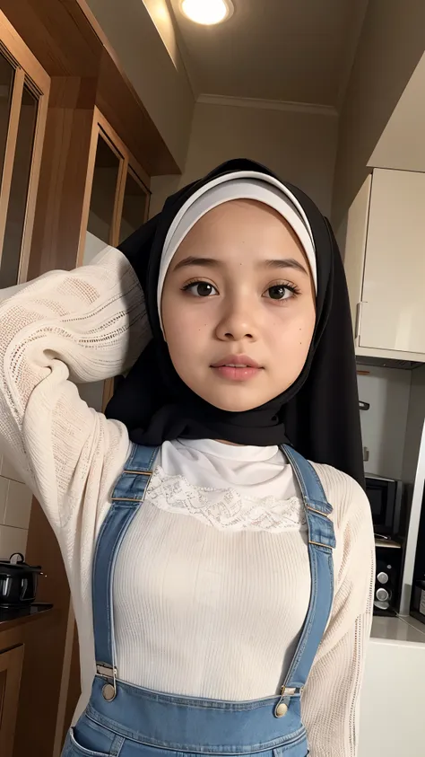 (wearing overalls pastel), (((hijab malay girl))), masutepiece, high quality, uhd 32k, realistic face, realistic skin feeling , ...