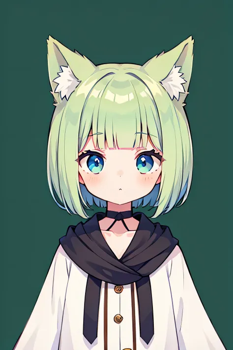 1girl, short hair, fox ear, green hair, white dress, blue eyes, blunt bangs, hair ornaments, idle, upper body, look at viewer, green background