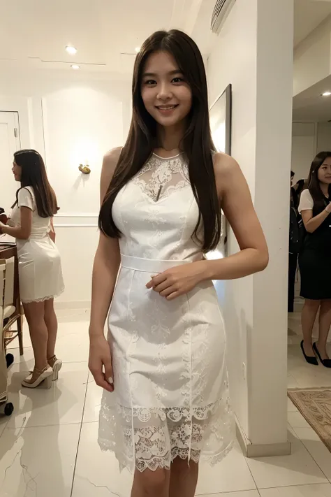 a long straight haired half korean half german lady, wearing a long white lace dress, standing in a reception for a party, smiling to other guests
