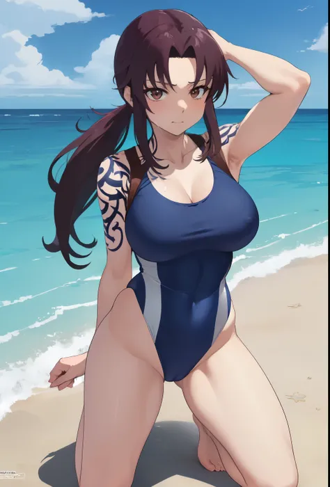 anime woman in a navy blue and purple swimsuit on the beach waving、long brown hair woman、brown eyed woman、ponytail、solo、is wearing a swimsuit、ワンピースswimsuit、clothing:ハイカットswimsuit、swimsuit、A woman wearing a navy blue and purple tank suit、ワンピースswimsuit着用、wet...