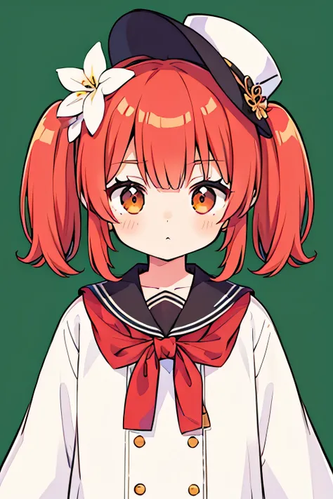 1girl, short hair, medium hair, twintail, white shirt, brown eyes, flower hair ornaments, idle, upper body, look at viewer, green background, red hair, hat, kawoeksao023i23i2304ui