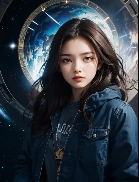 A beautiful woman.Twenty-three years old. Dark brown hair. She is looking at the camera with a serious expression. She is wearing blue jeans and a jacket. An image of a clock and outer space in the space behind the woman.