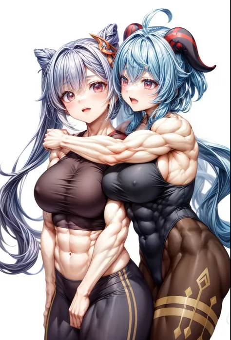 best quality,2girls, ganyu keqing (genshin impact),biceps, muscular ,alternate muscle size,,muscular thighs, abs, thick arms,, broad shoulders, muscular, blush