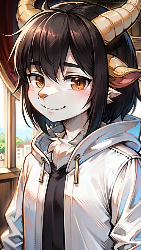 ((best quality)), ((masterpiece)), (detailed), Perfect furry face, teenage build, black hair, white coat, one horn, gentle smile;full body portrait