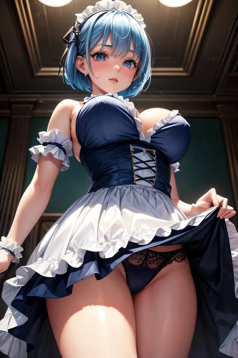 (highest quality, High resolution:1.2), (girl standing and looking at me),(nsfw:1.2)、((from below))、girl trembling with sexual climax、Flipping up a skirt to show underwear、Maid clothes、lolita costume、 detailed and beautiful eyes, blue hair、short hair、rezer...