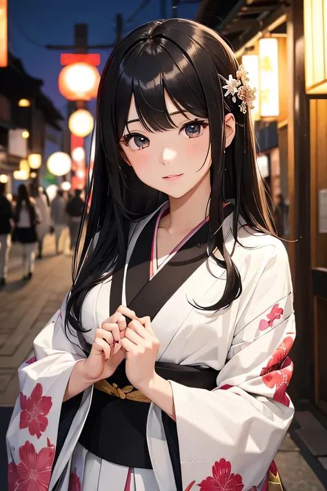 High resolution　high quality　beauty　kimonoを来た女性　　masterpiece、Highest品質、　long hair　25 years old　black hair　long hair　Kyoto cityscape　blush　bangs　oily skin　beautiful skin　nightの京都　wet eyes　Japanese woman with black eyeovie　street　genuine　tie hair　cute　adult　...