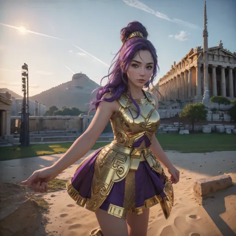 (best quality,4k,8k,highres,masterpiece:1.2),ultra-detailed, 1woman, 1woman, greek goddess athena, purple hair, wearing golden h...