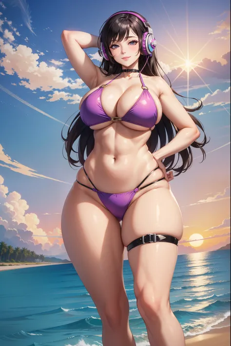 vapor wave aesthetic, huge breasts, bimbo, Slim thicc waifu:1.5, mature:1.4, long hair, bikini with harness, purple and hot pink background, setting sun, hands above head, hip sway, wearing large headphones, seductive expression:1.2, smile