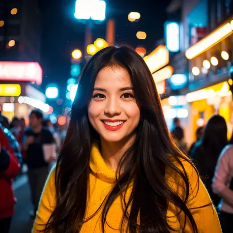 the image shows a young woman with long, dark hair smiling and walking down a lively street at night. the street is illuminated ...