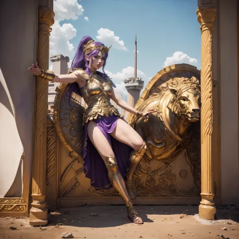 (best quality,4k,8k,highres,masterpiece:1.2),ultra-detailed, 1woman, 1woman, greek goddess athena, purple hair, wearing golden h...