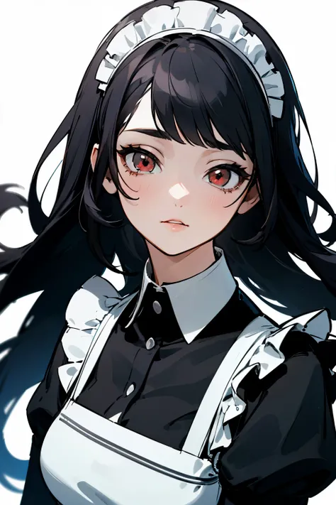 ((best quality)), ((masterpiece)), (detailed), perfect face,1 busty girl, Black hair, long hair, Maid in Black, red eyese, White background