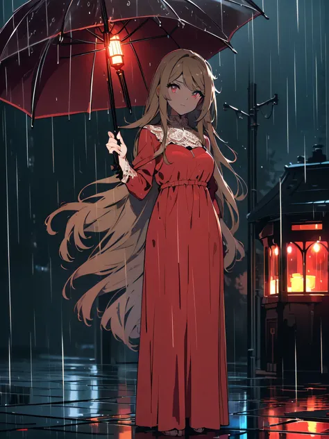 ((highest quality, 8k, lace maxi dress, standing in the rain, red light district, Highly detailed face and skin texture, fine eyes, double eyelid.)beautiful anime