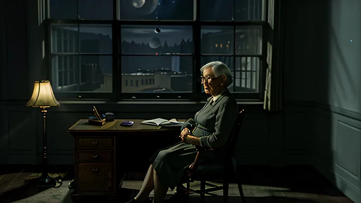 edward hopper style, very old woman sitting at a desk in the far corner of a very large room, night time, moonlight streaming through the window