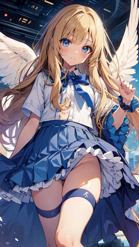 cowboy shot, filo, 1girl, solo, blond hair,embarrassed, closed mouth, flat chest,skinny,short stature,white wings, hite dress, blue bow, long hair, blue eyes, looking at viewer, parted bangs, bent over,(from below:1.3),(skirt lift:1.5), ((skirt grabs:1.3))...