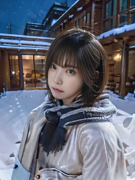 While watching the snow falling quietly. Her introspective and tearful expression、Makes you feel longing for winter nights and melancholy。。。。。。。、highest quality、hyper hd、Yoshitomo Nara, japanese model, Beautiful Japan wife, with short hair, 27 years old女性モ...