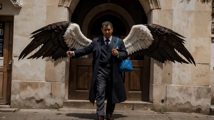 un hombre angel transformandose en diablo,saliendo de una iglesia, 